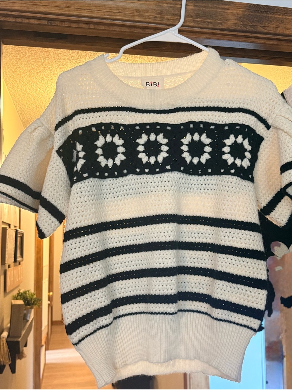 BiBi White and Black Striped Crochet Yoke Crewneck Sweater